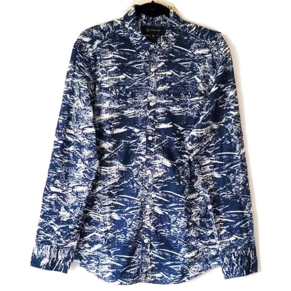 INC Men's 100% Cotton Long Sleeve Button-Down Shirt M Blue Splatter Waves 50OFF3 - Picture 2 of 7